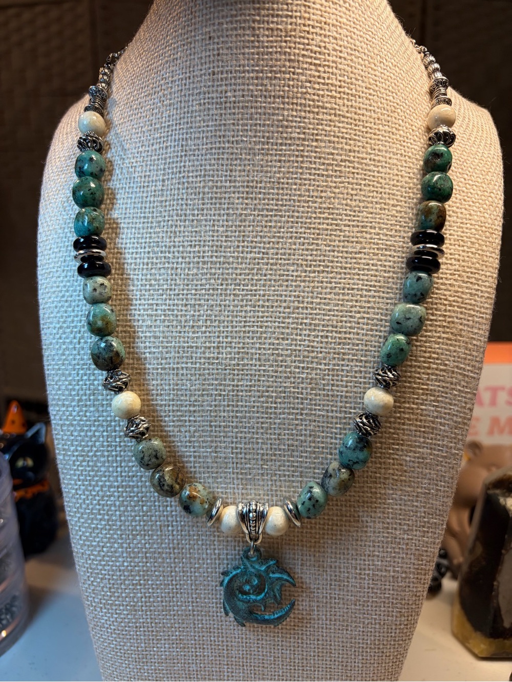 Mykonos Dragon Necklace with African Turquoise Agate - Picture 2 of 9